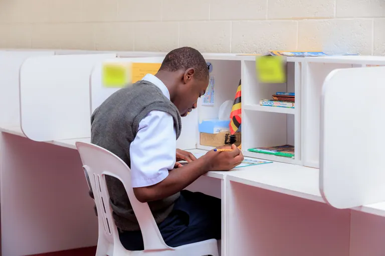 A learner studying at an individual workstation